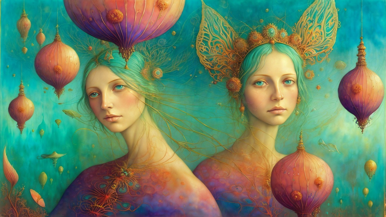 Ethereal Women with Wings Amid Colorful Balloons