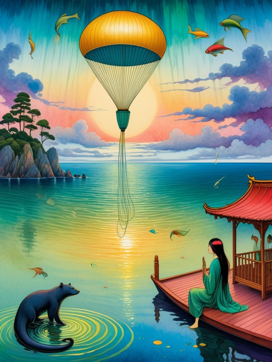 Serene Landscape with Sunset, Lake, and Traditional Scene