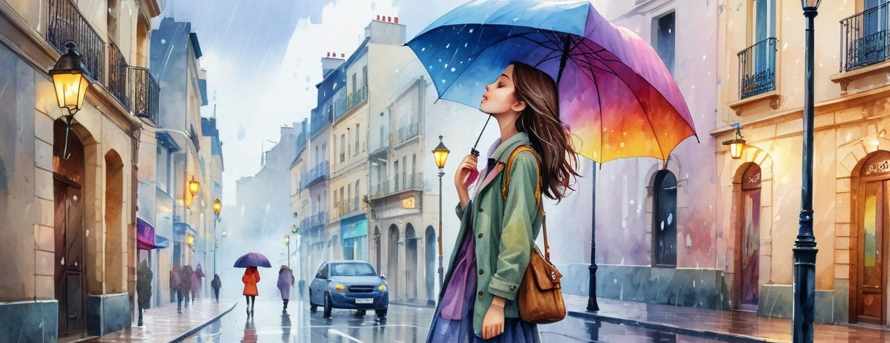 Serene street scene with a woman and colorful umbrellas