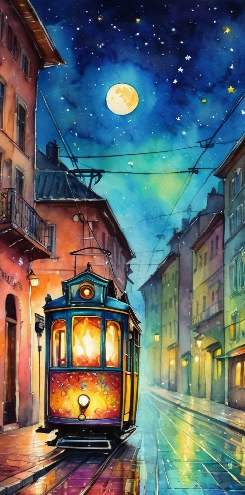 Vibrant street scene with vintage tram and full moon