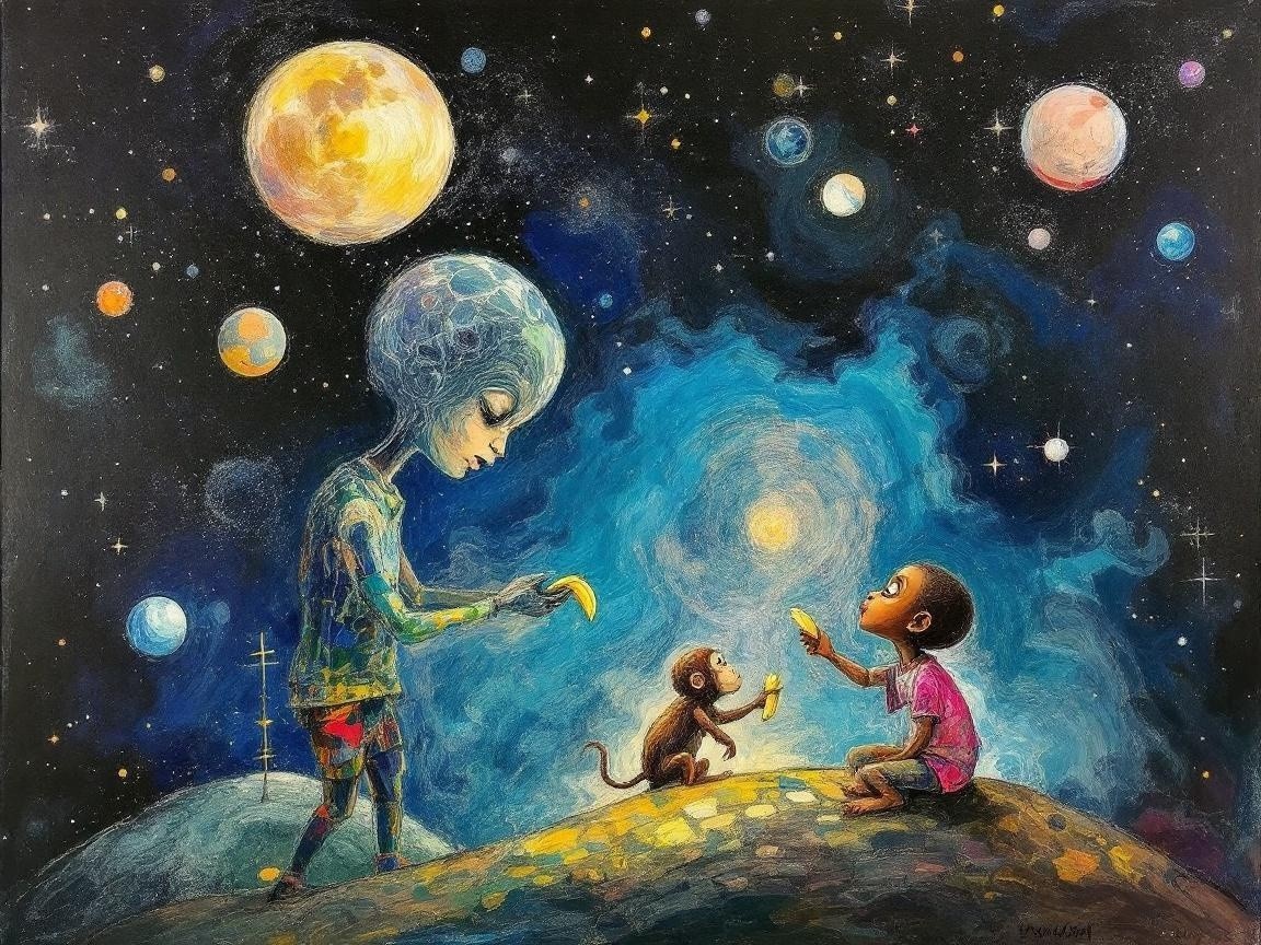 Alien and Boy Share Bananas in Cosmic Landscape