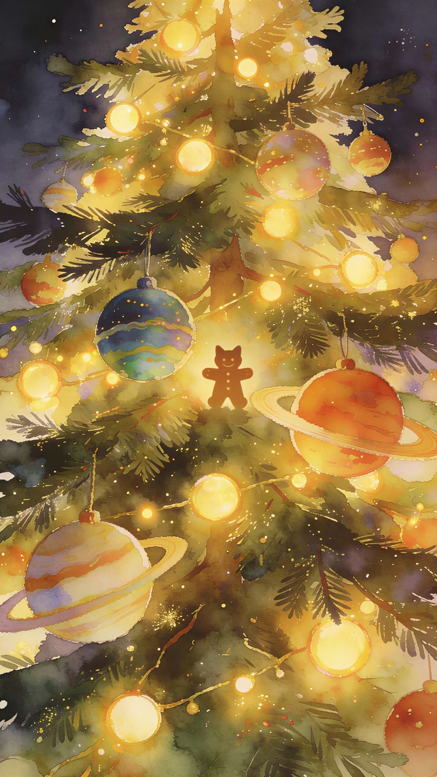 Close-Up of a Decorated Christmas Tree in Watercolor