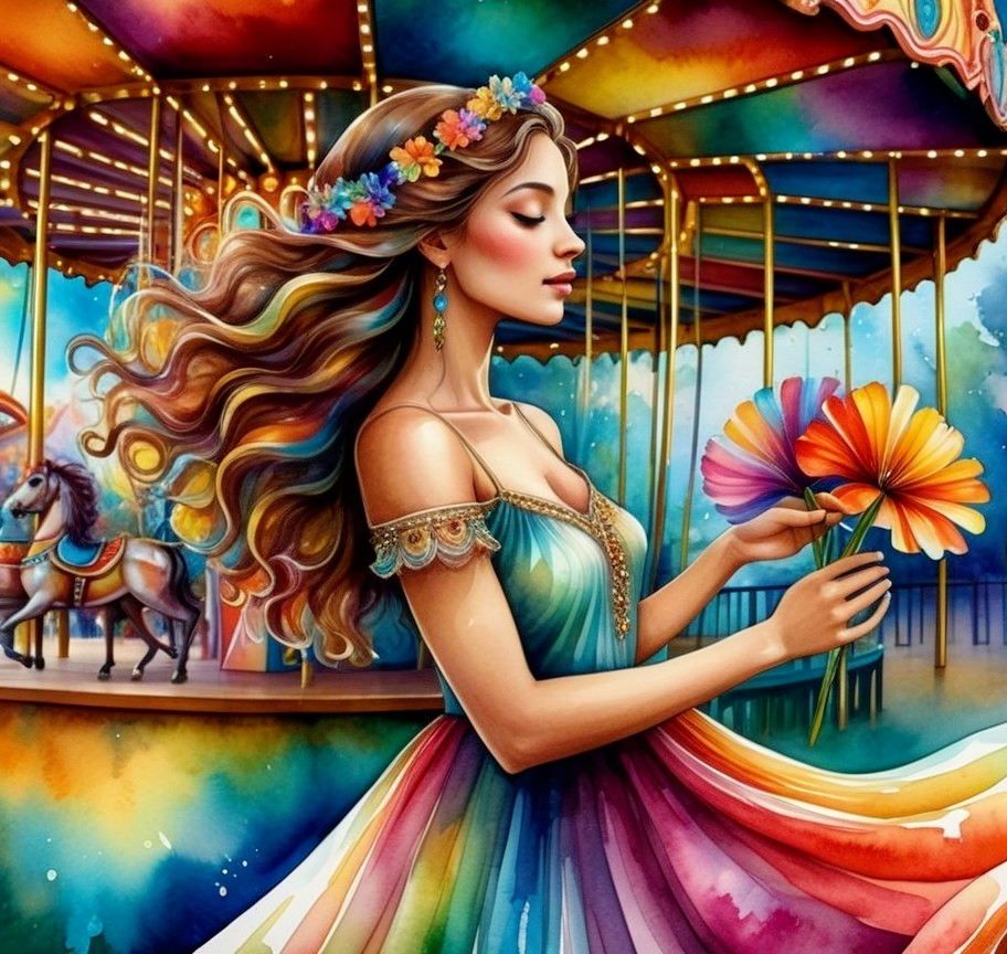 Colorful Scene of Young Woman with Carousel Background