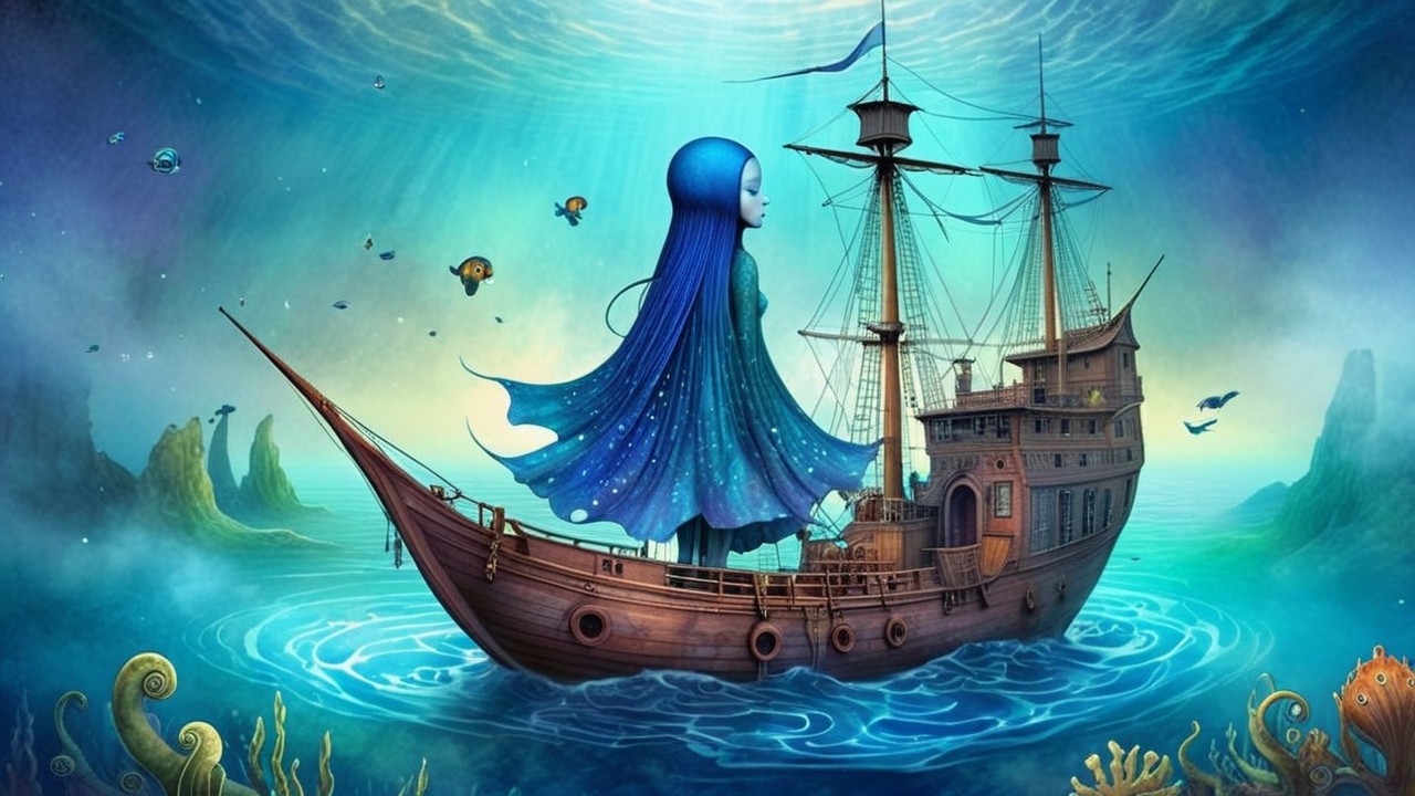 Ghostly Girl on Ornate Ship in Enchanting Waters