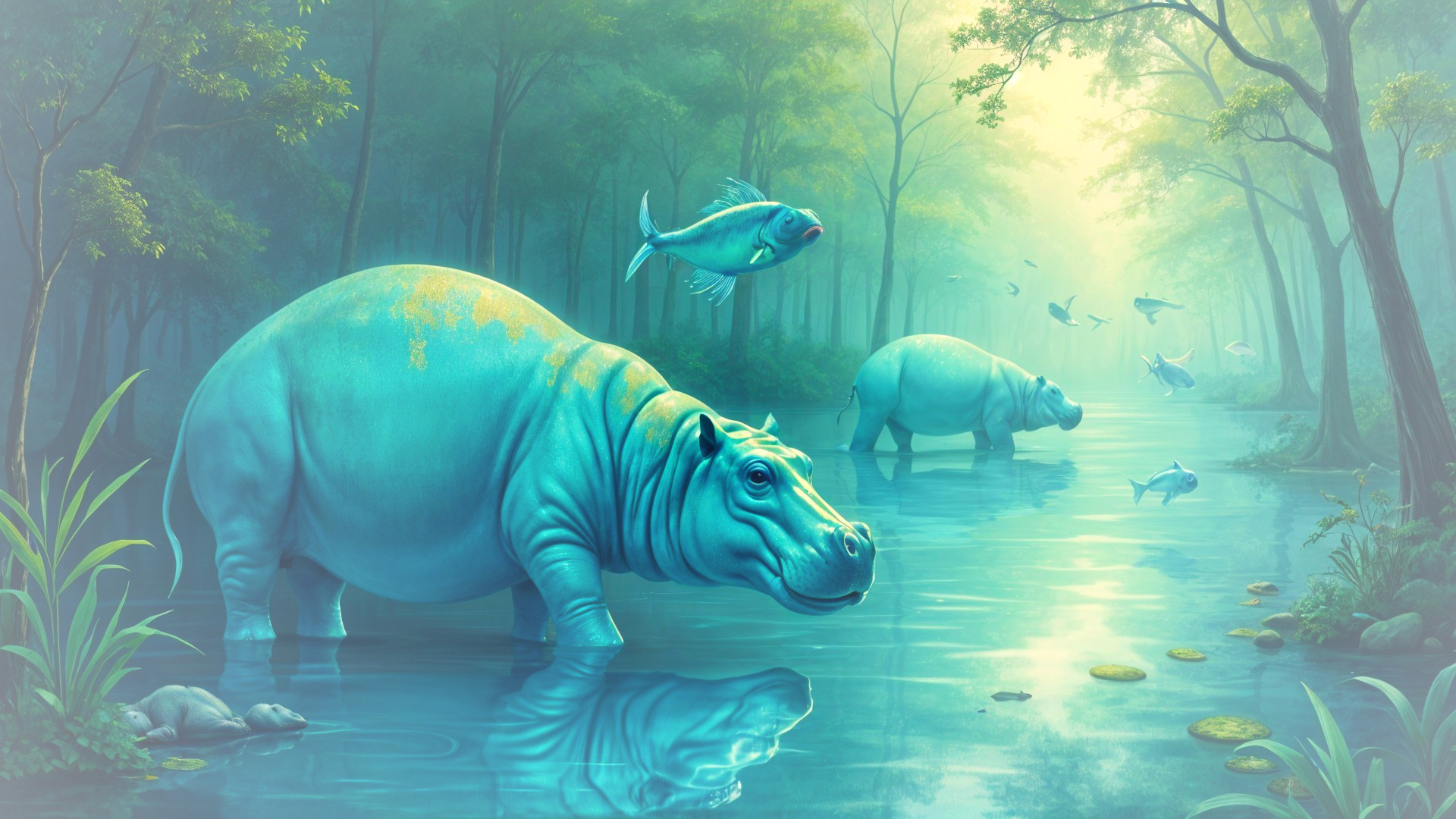 Blue Hippos in Misty River Surrounded by Greenery