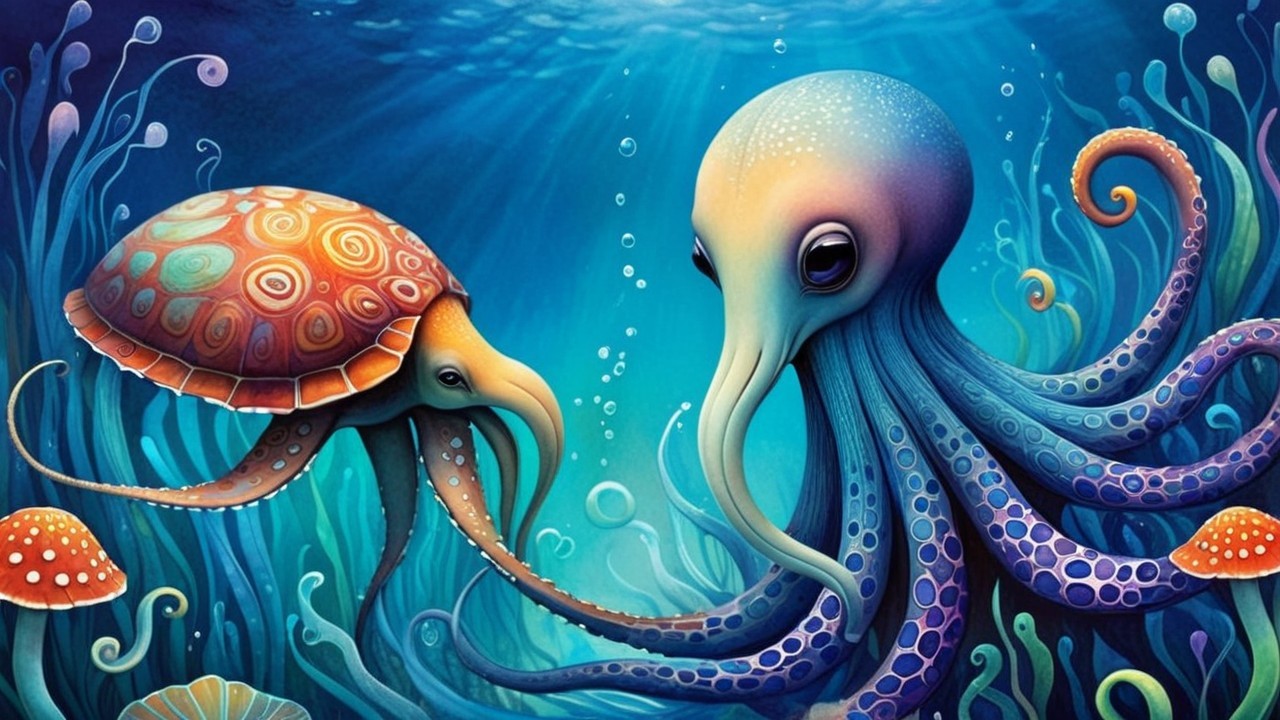 Colorful Underwater Scene with Octopus and Turtle