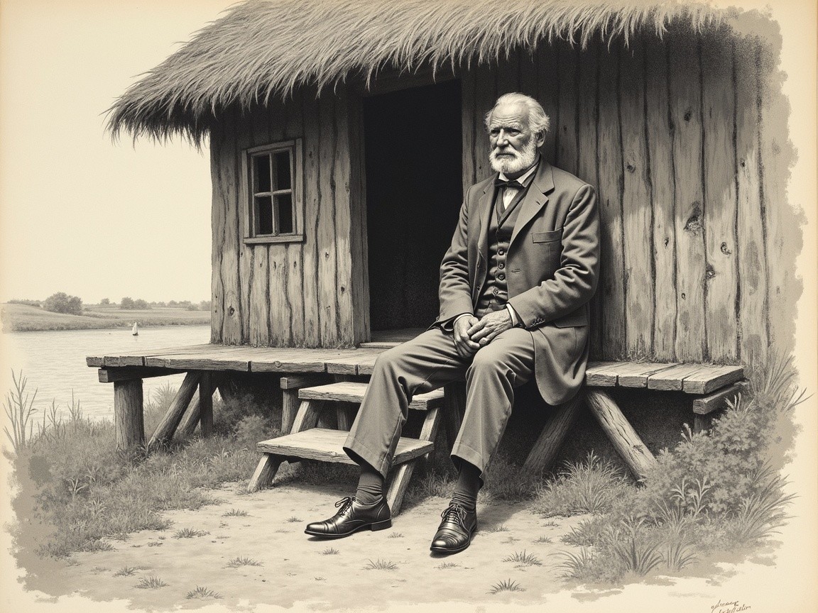 Elderly man in formal suit at rustic cabin steps