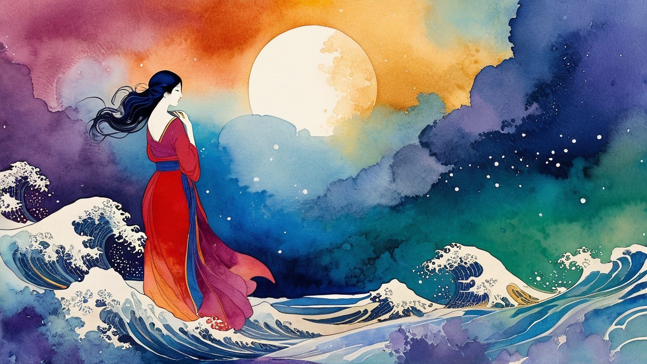 Watercolor Scene of Woman by Turbulent Waves and Moon