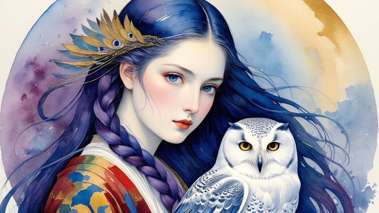 Young woman with blue hair and white owl on arm