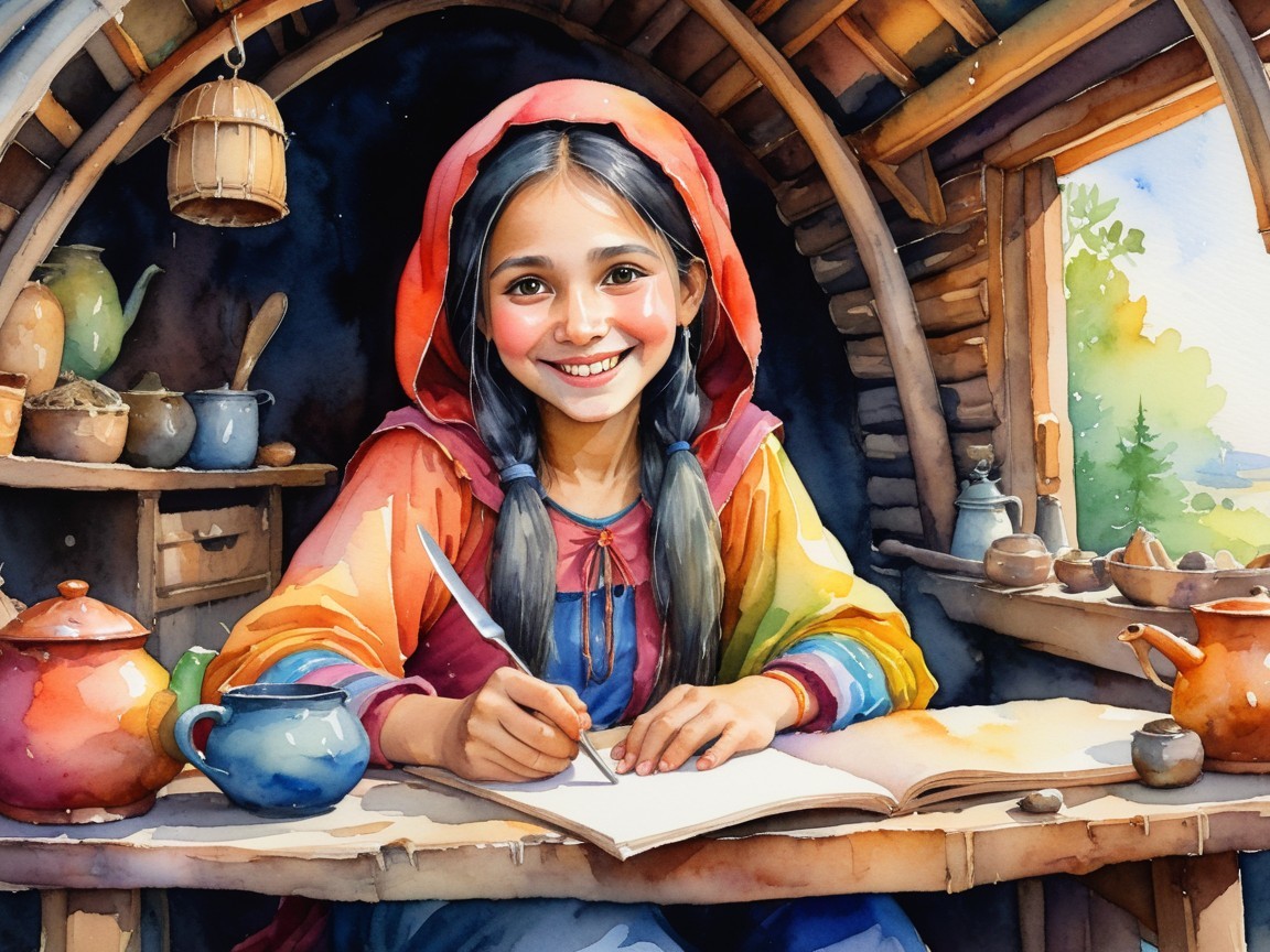 Cheerful girl writing in a sunlit cozy room
