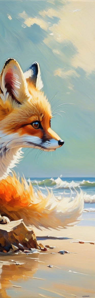 Vibrant Painting of a Fox on a Sandy Beach