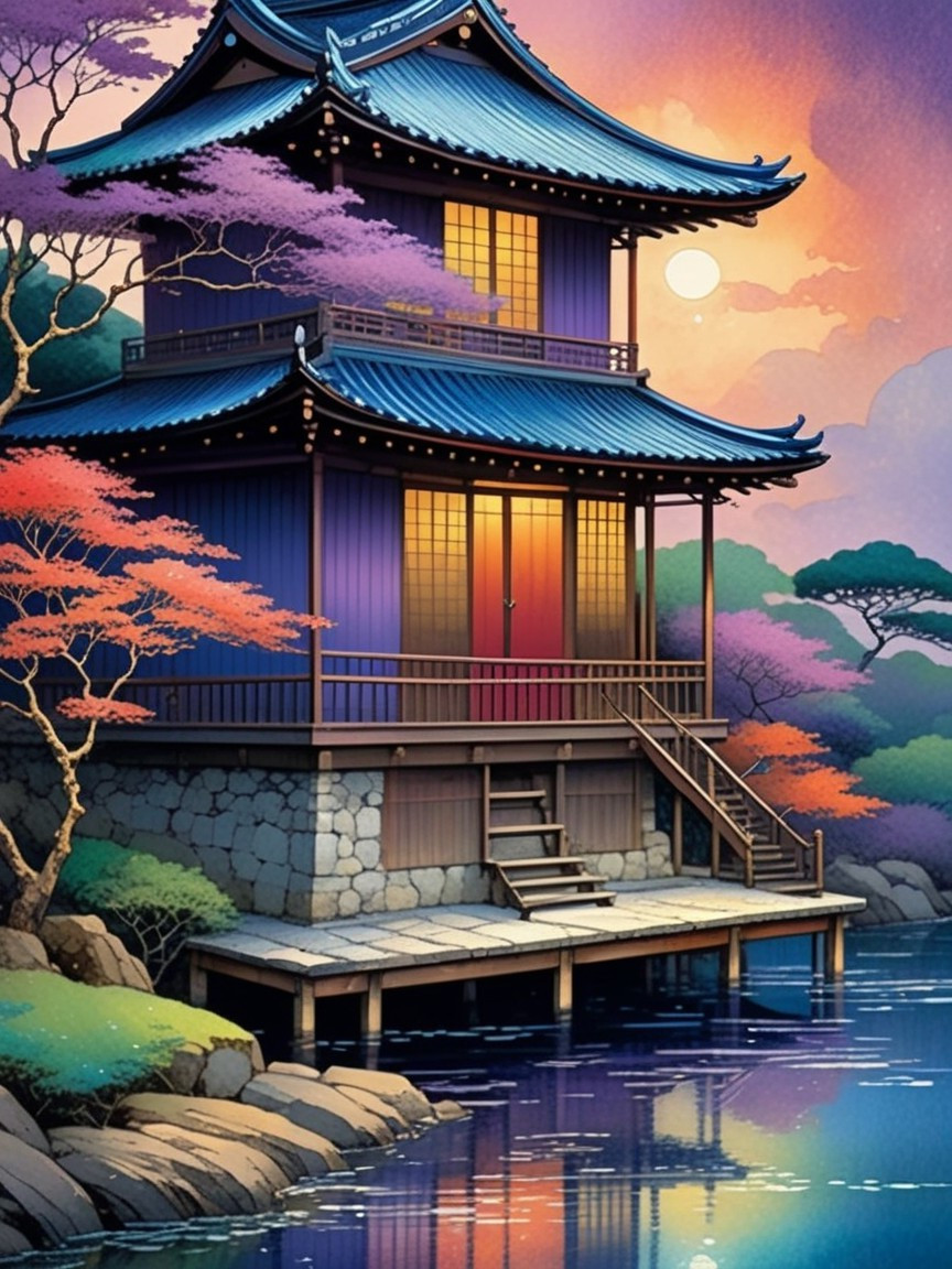 Traditional Japanese House by Tranquil Autumn Lake