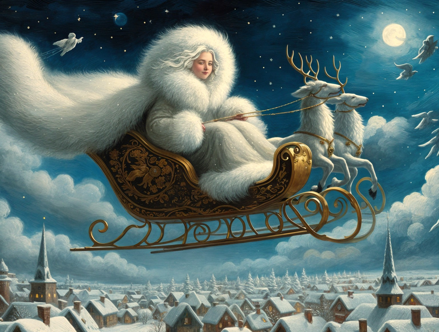 Whimsical Winter Scene with Sleigh and Reindeer