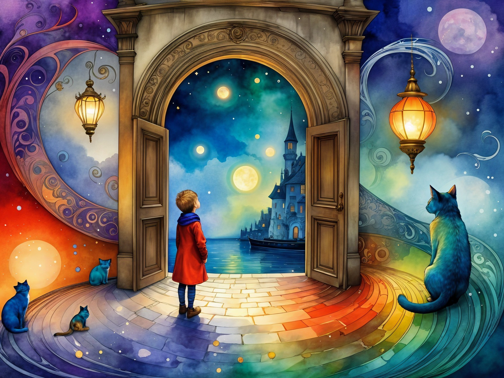 Child in Red Coat at Ornate Doorway to Surreal Landscape