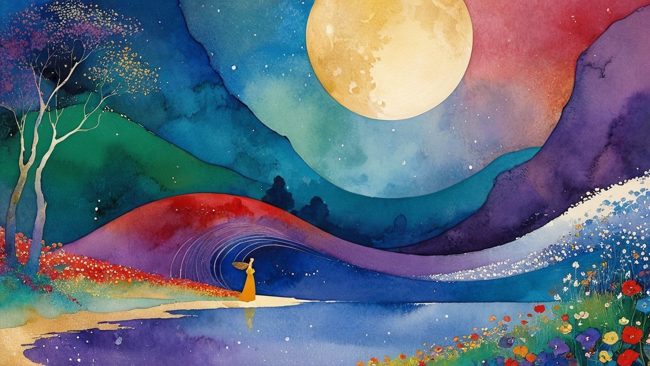 Vibrant Landscape with Moonlit Lake and Flowers