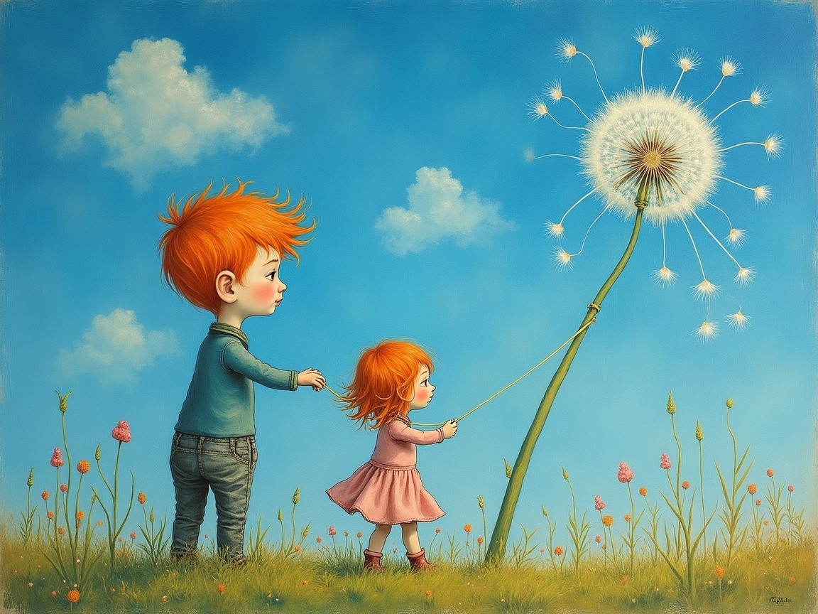 Children with orange hair in a sunny flower field