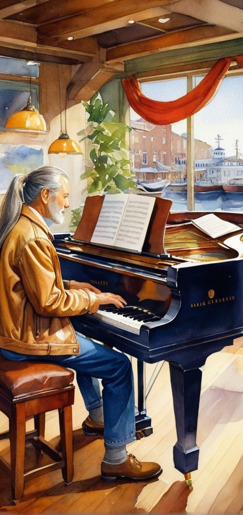 Older Man Playing Grand Piano in Sunlit Room