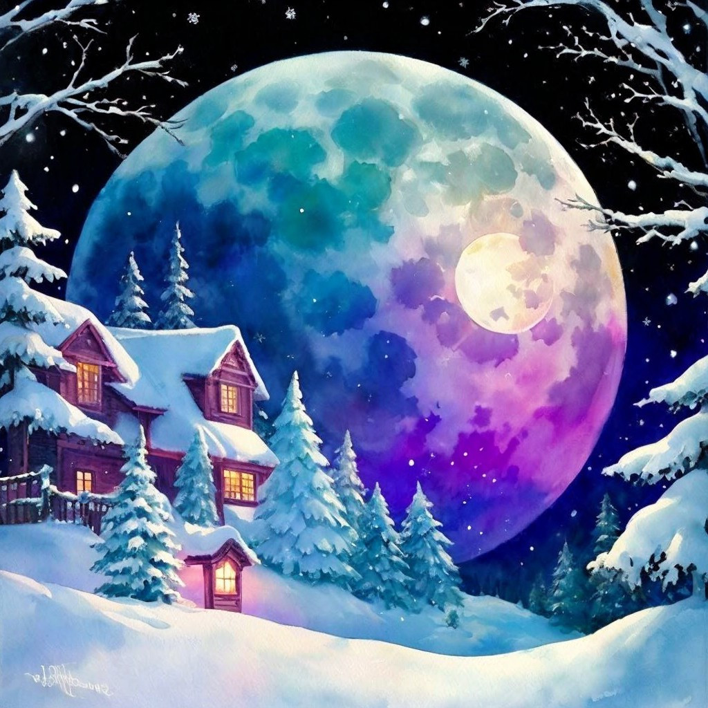 Cozy Cabin in Serene Winter Landscape at Night