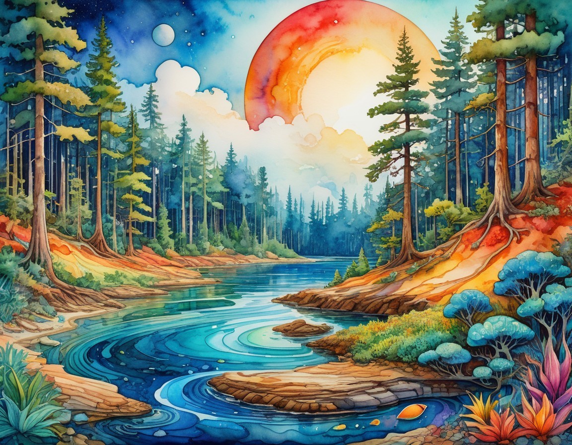 Vibrant Landscape with Winding River and Sunset Hues