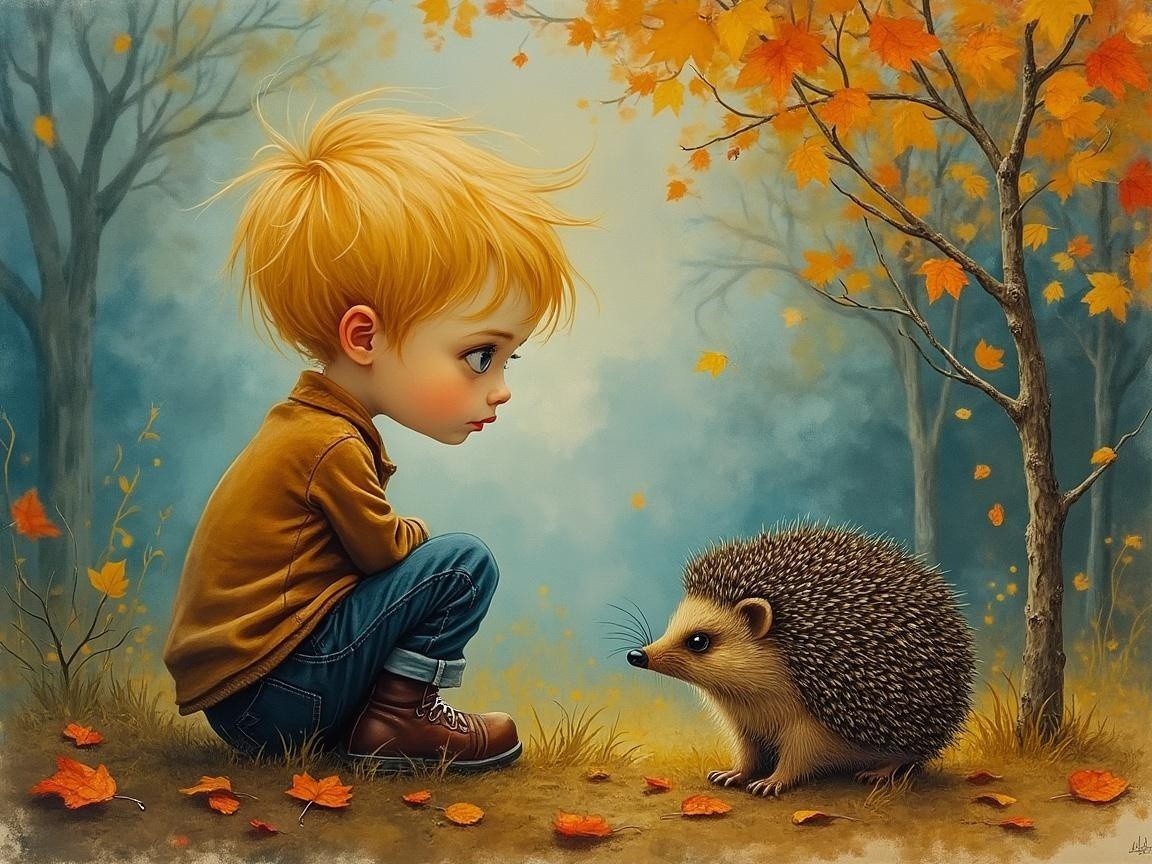 Young Boy and Hedgehog in Autumn Forest Setting