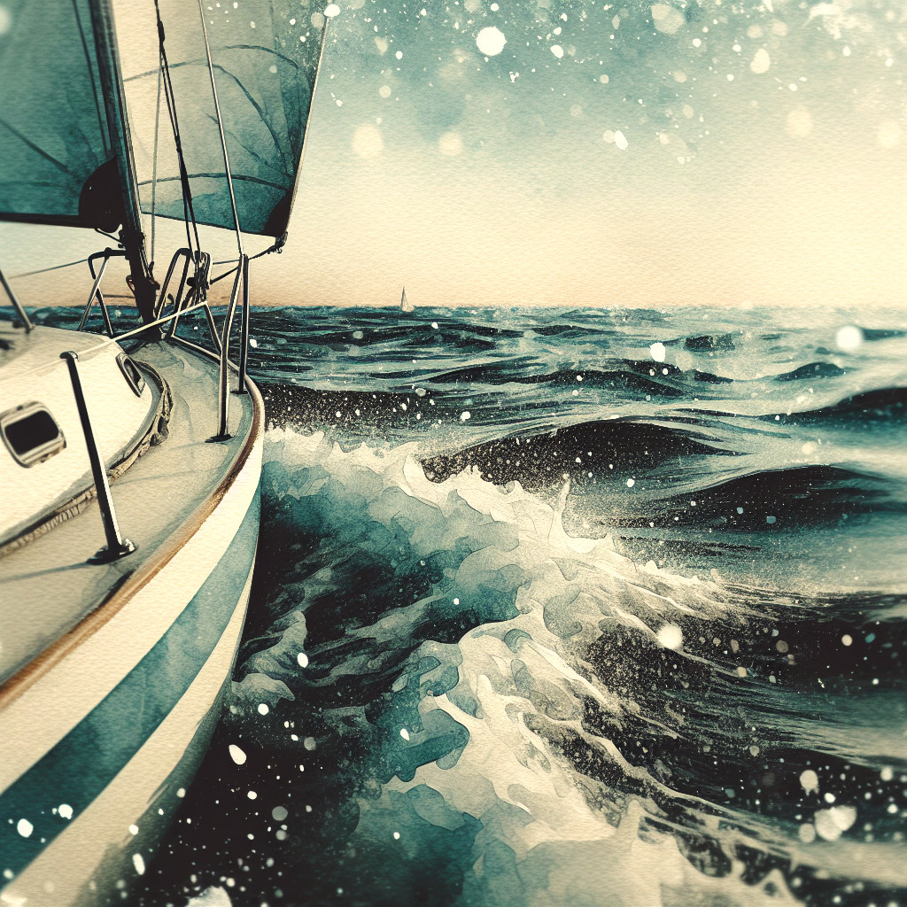 Sailboat Navigating Choppy Waves Under Hazy Sky