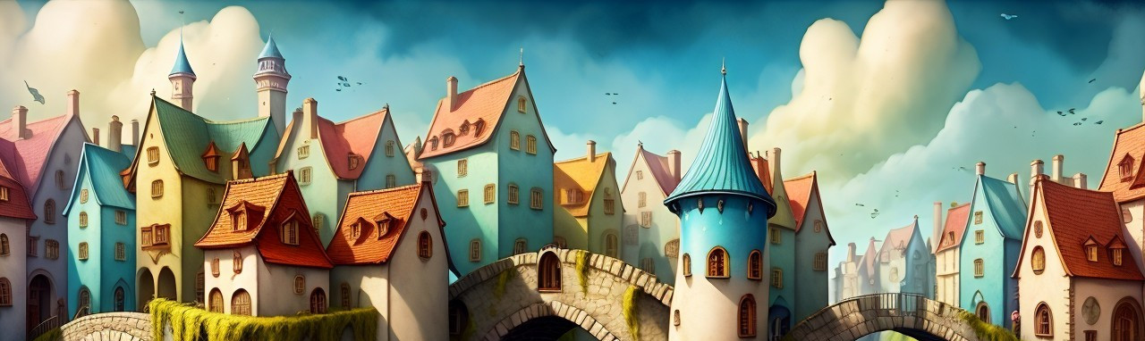 Whimsical Townscape with Colorful Houses and Bridge