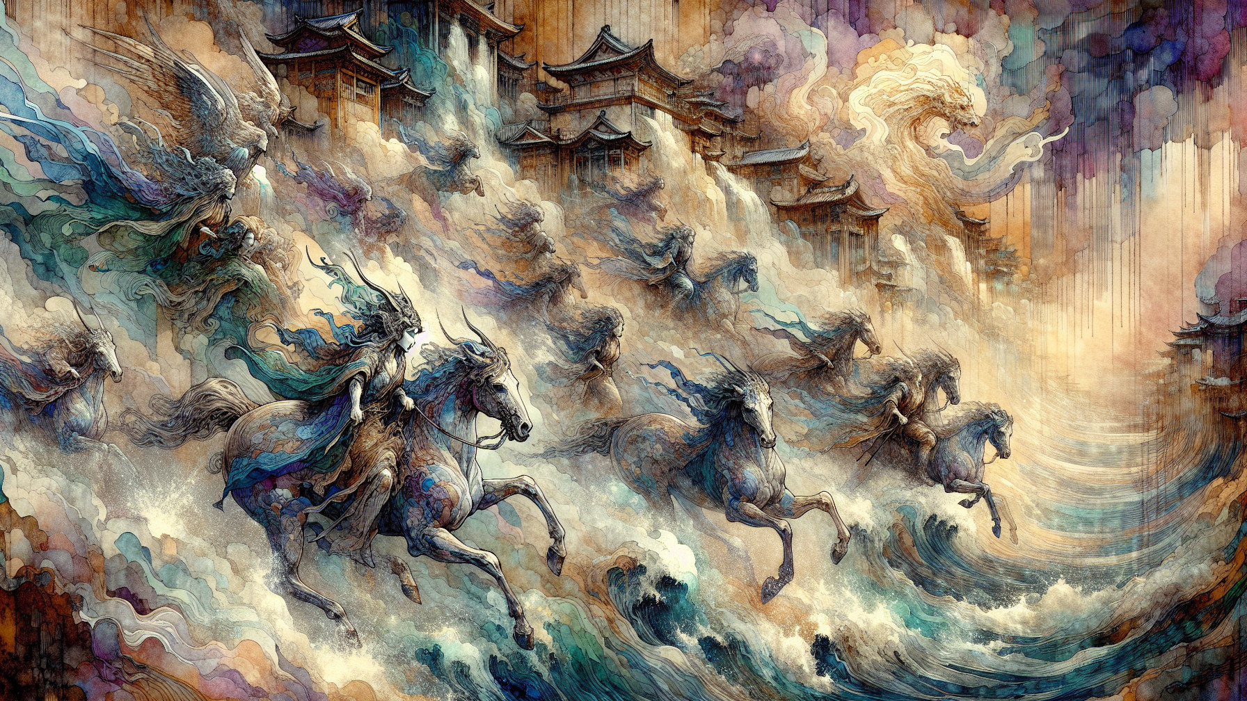 Ethereal Figures on Horseback in Mystical Landscape