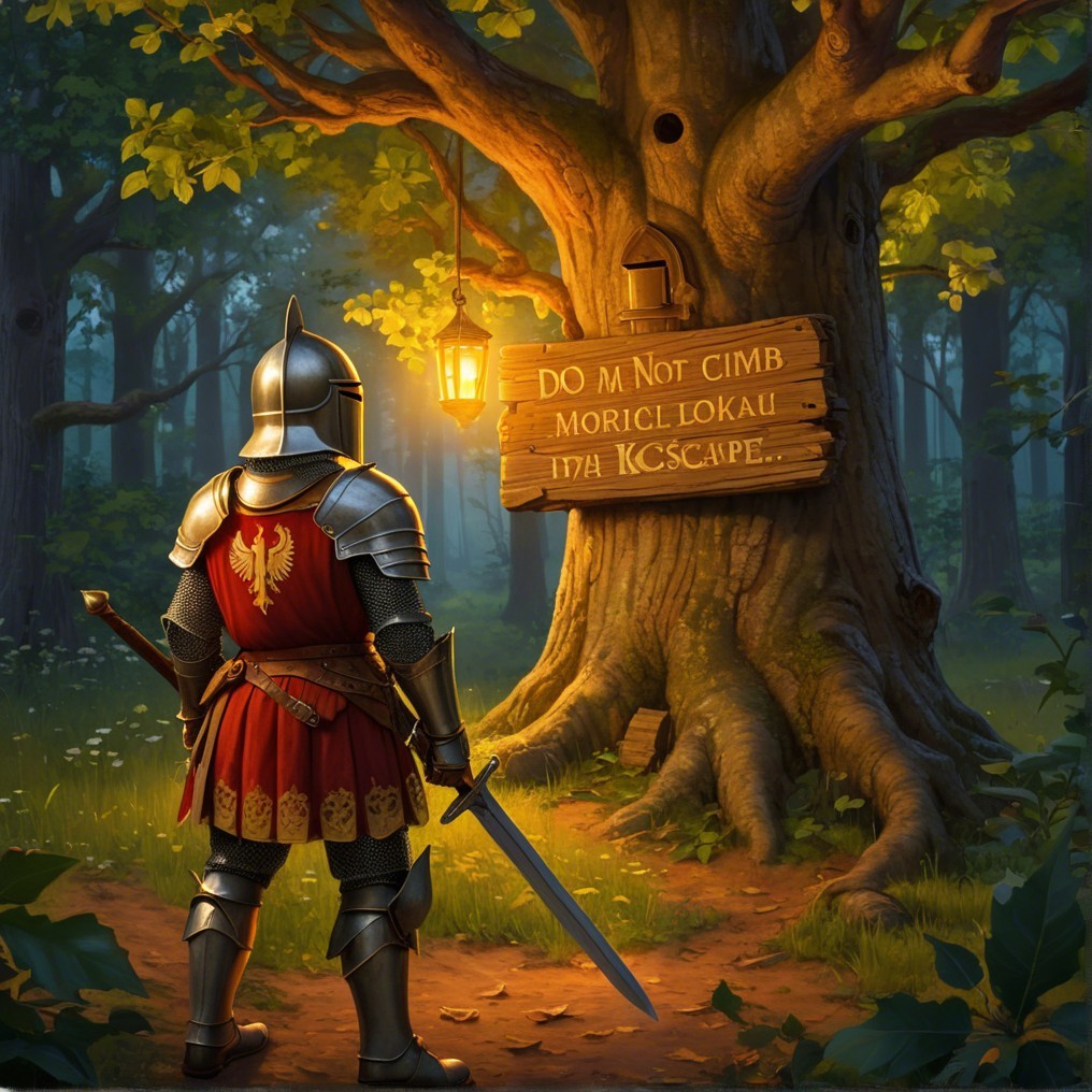 Knight in Armor Before Ancient Tree with Warning Sign