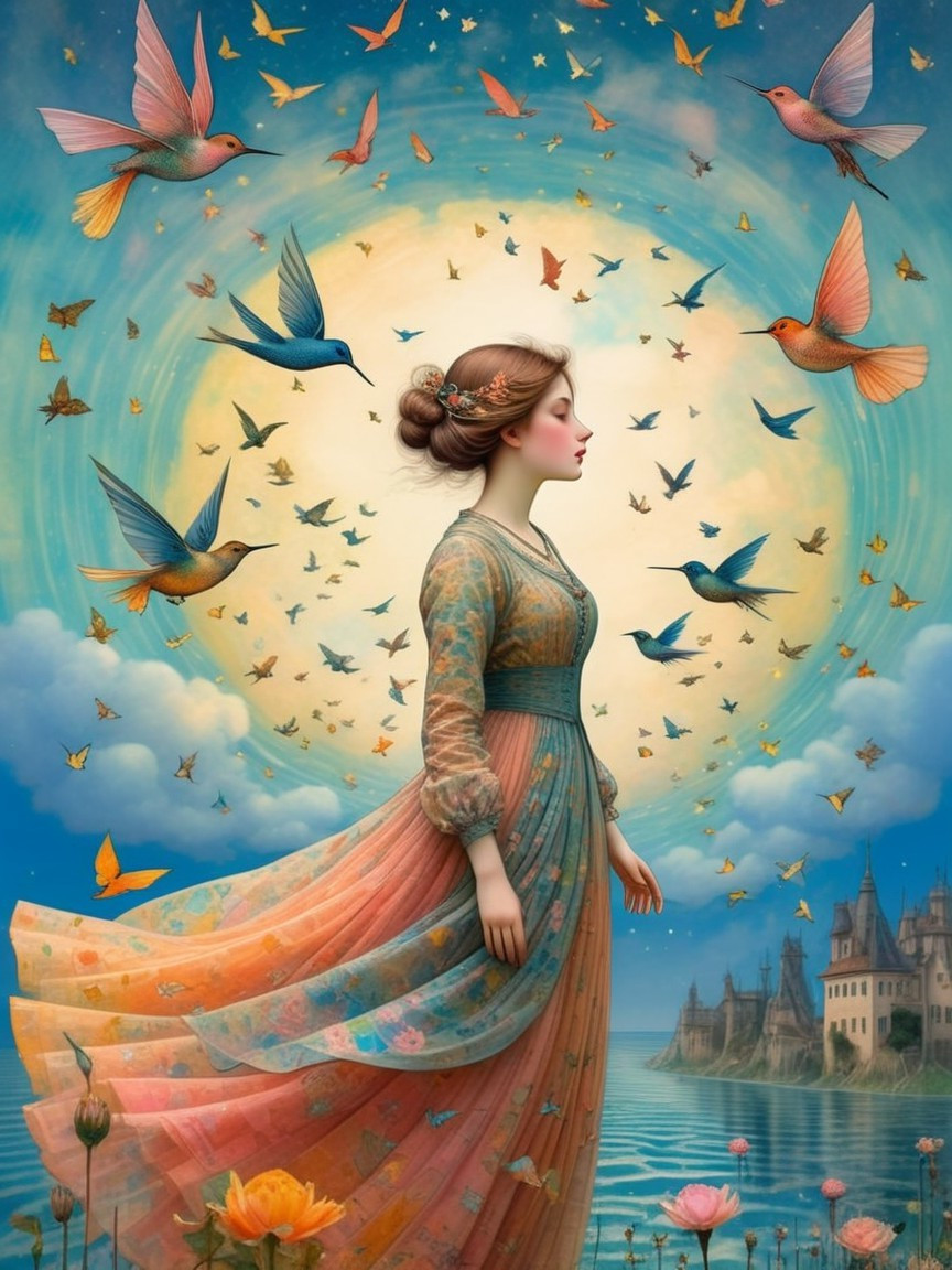 Serene woman by tranquil water with vibrant wildlife
