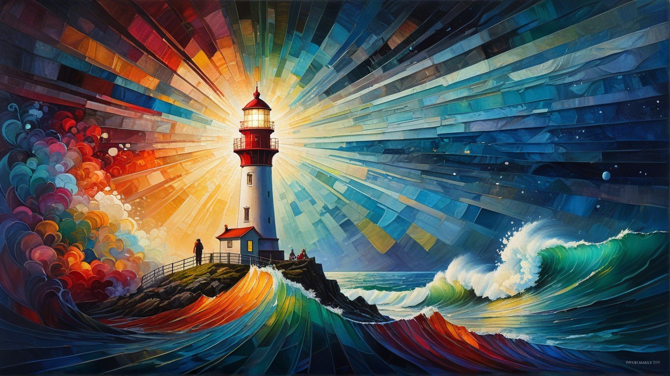 Vibrant Lighthouse on Rocky Shore with Dramatic Waves