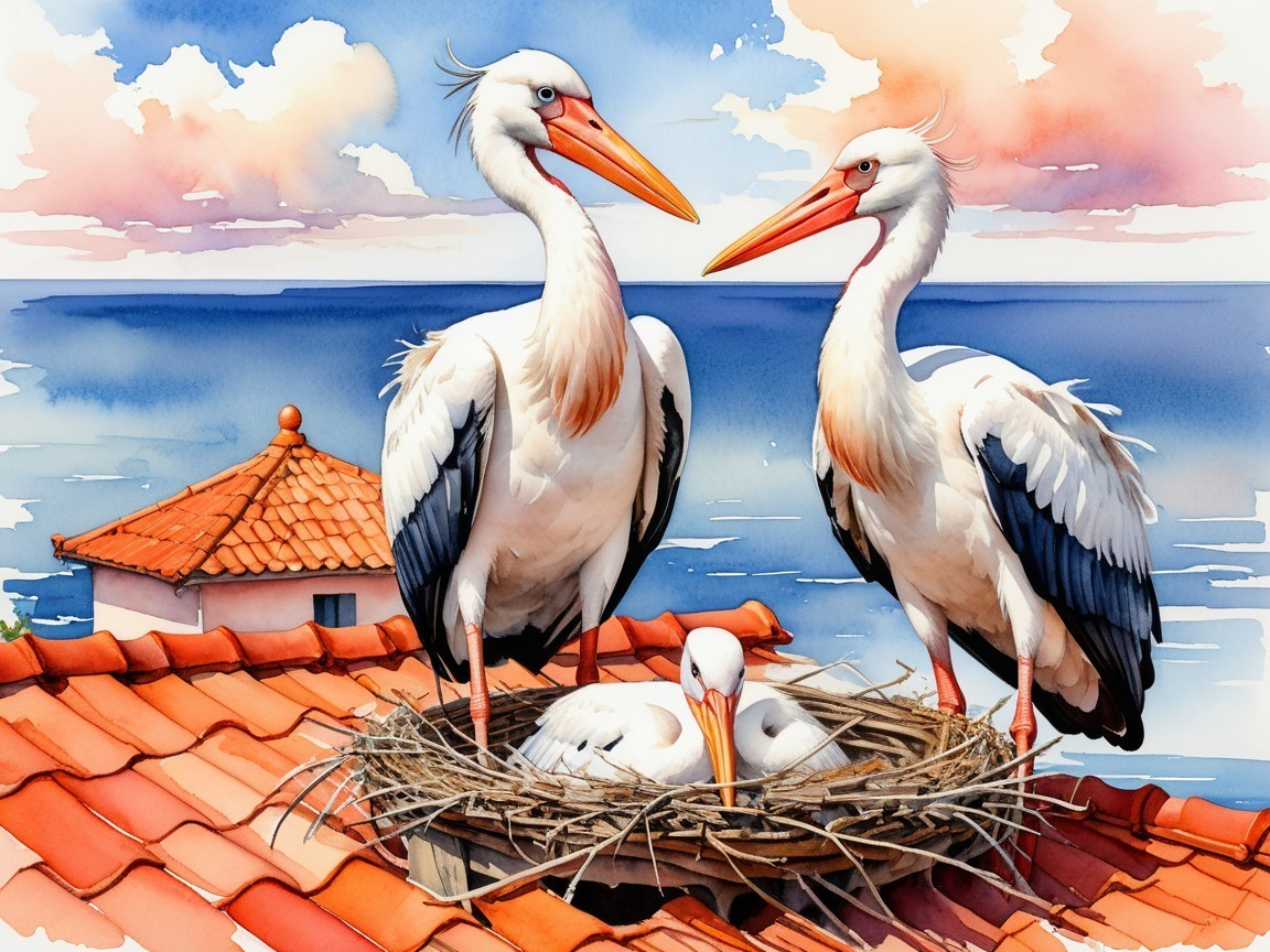 Storks on Rooftop Nesting with Chick Against Seascape