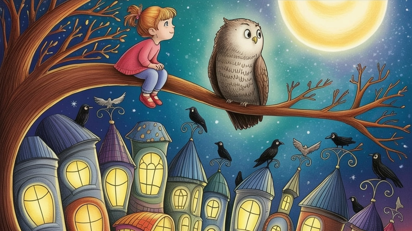 Whimsical Night Scene with Girl, Owl, and Village