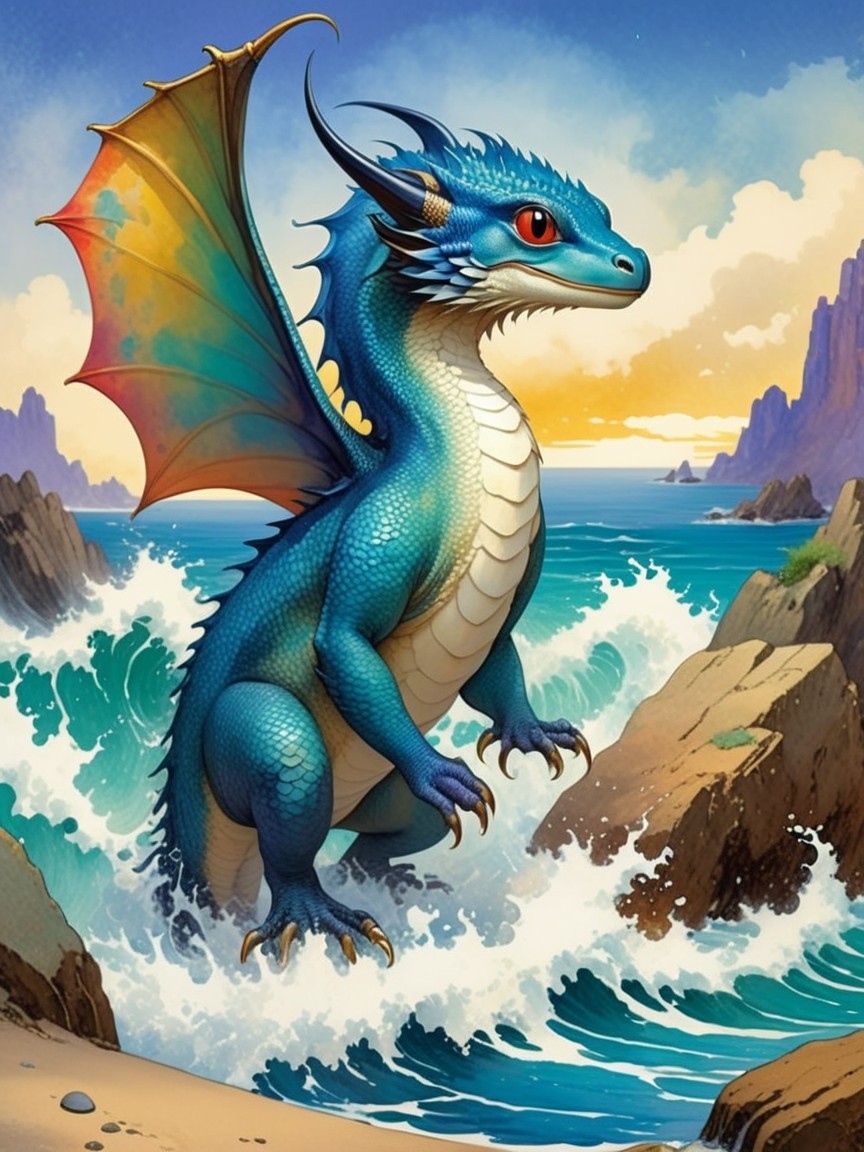 Vibrant Blue Dragon on Rocky Shores with Waves