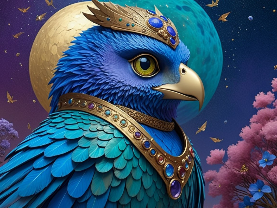 Majestic blue bird with crown and jewelry under stars