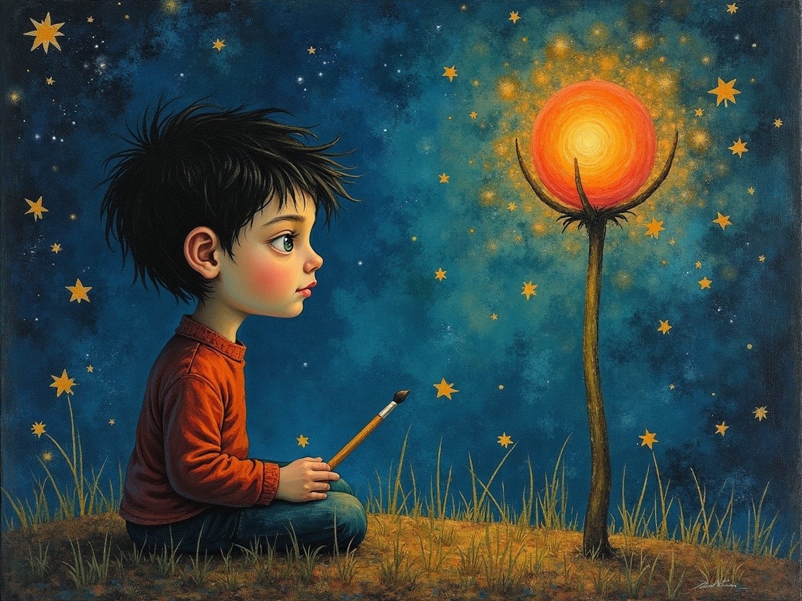 Child in grassy field admiring glowing orb at night
