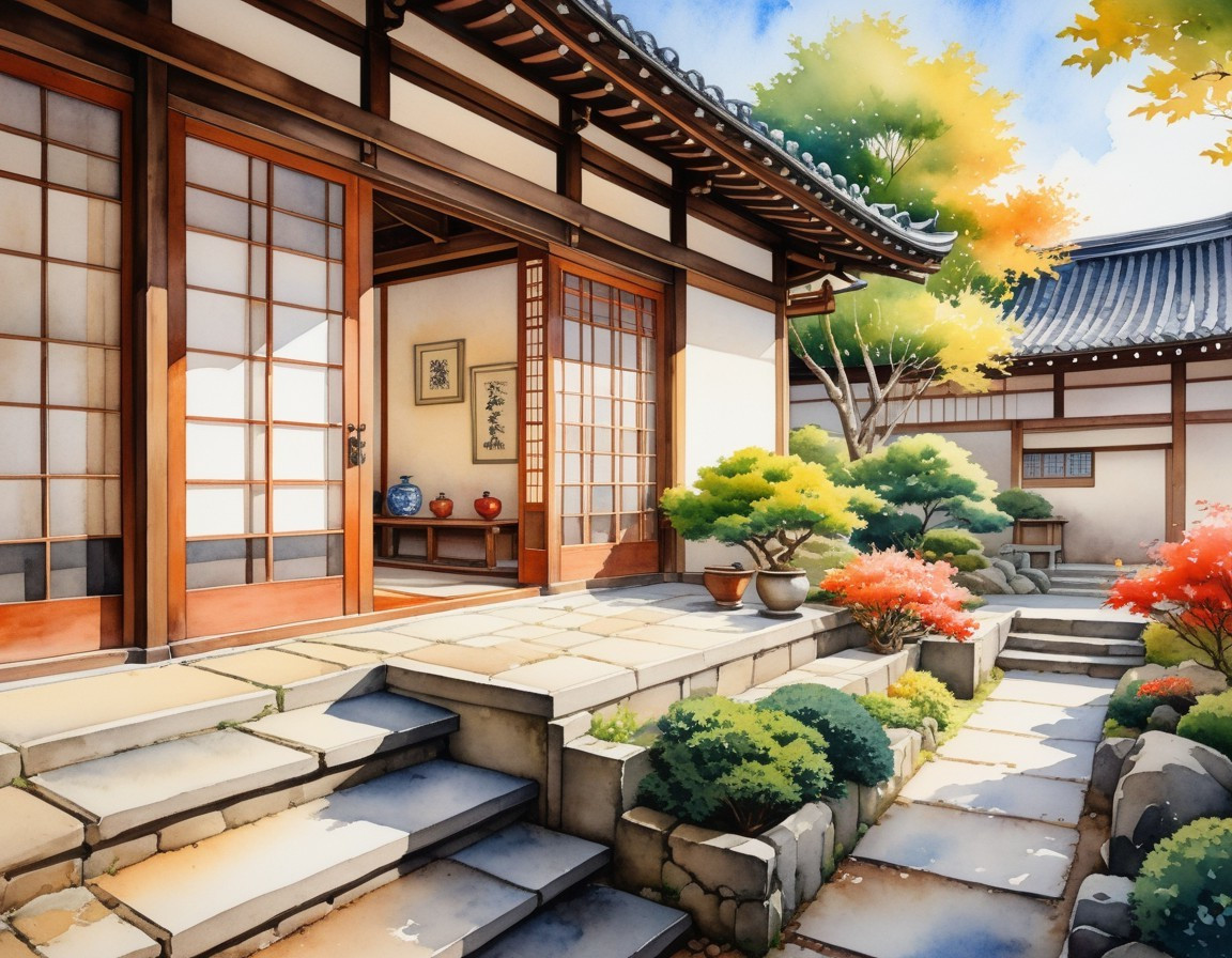 Serene Japanese Garden with Traditional Wooden House