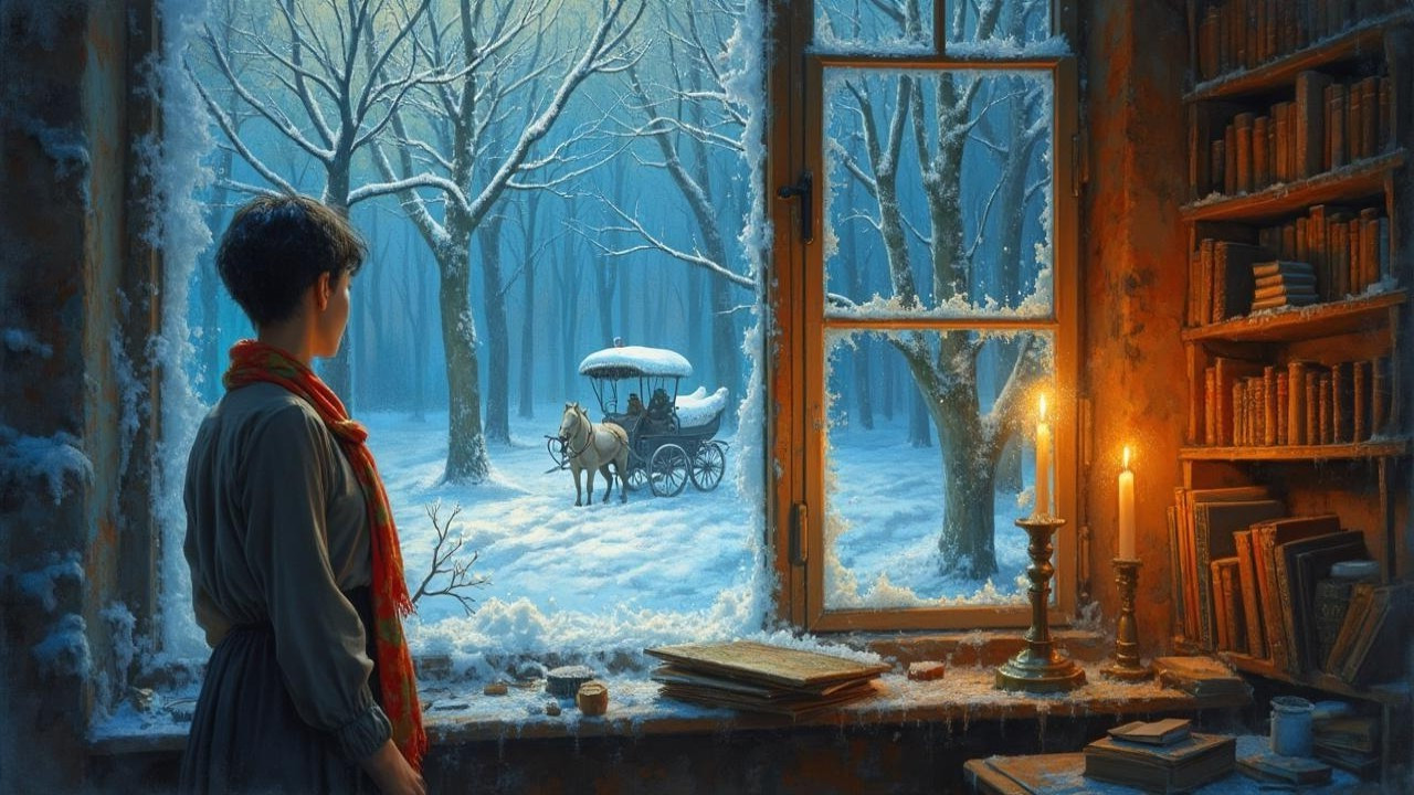 Cozy Winter Scene with Frosted Window and Candles