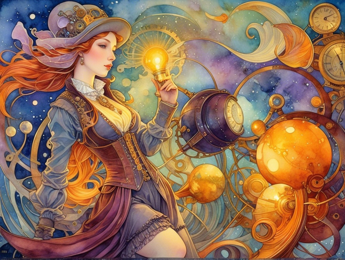 Steampunk Woman with Cosmic Elements and Vibrant Colors