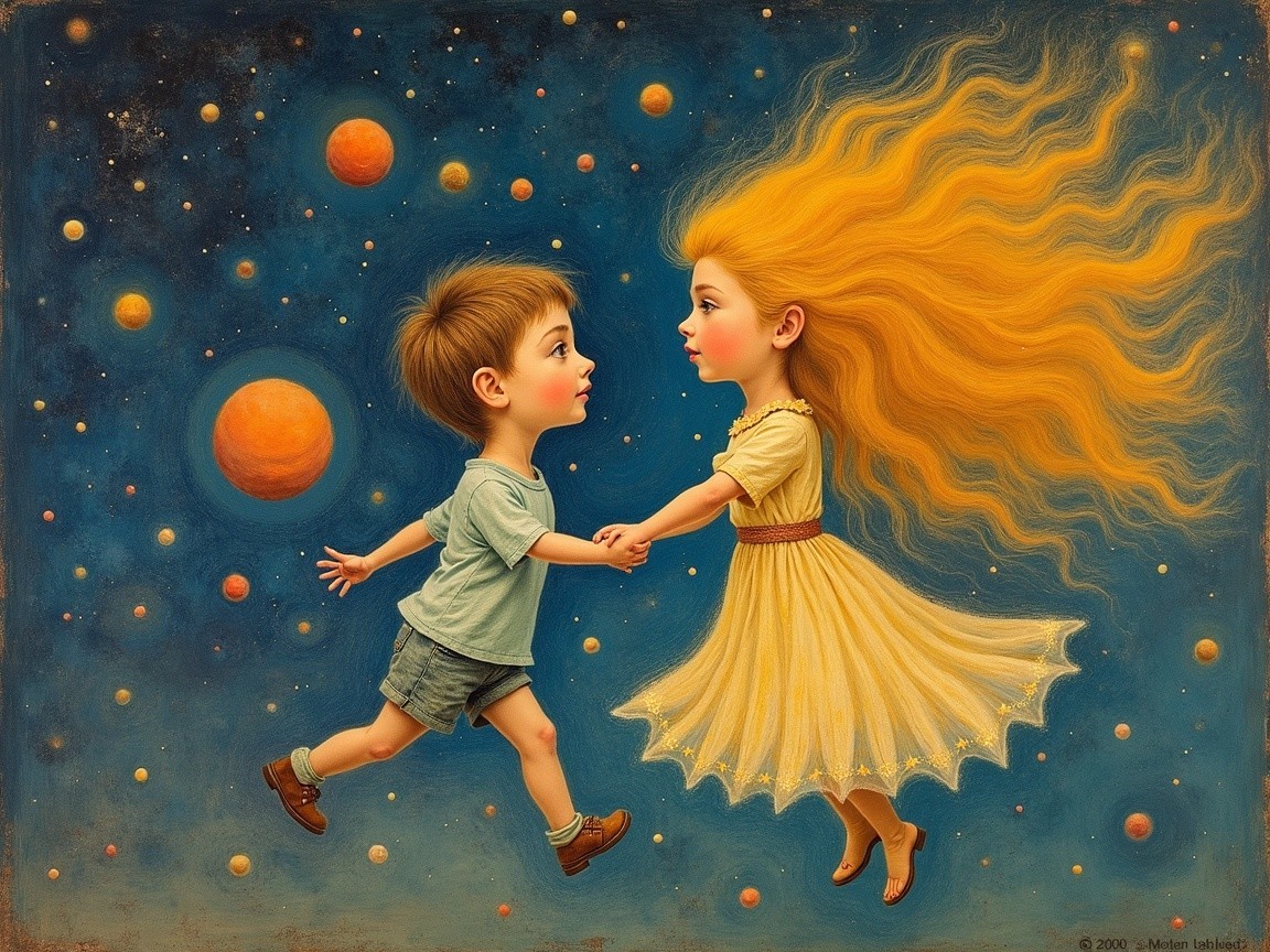 Whimsical Cosmic Scene of Two Children Holding Hands