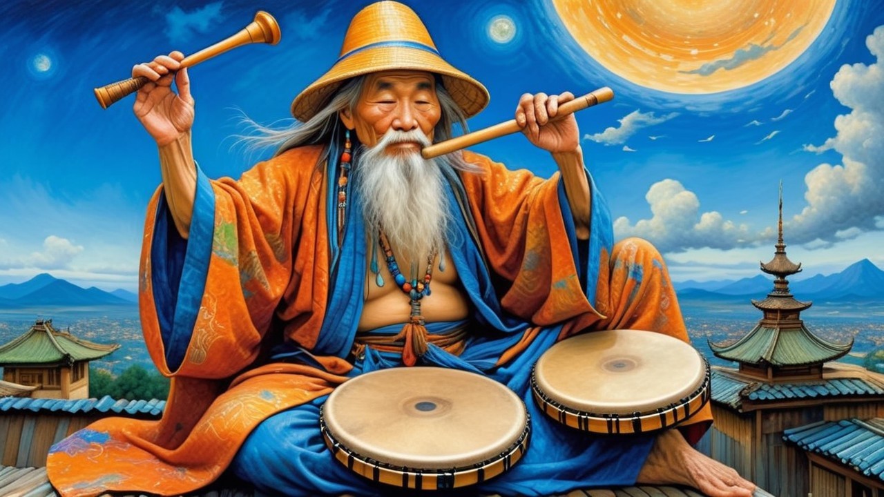 Elderly Man Playing Flute and Drum on Rooftop