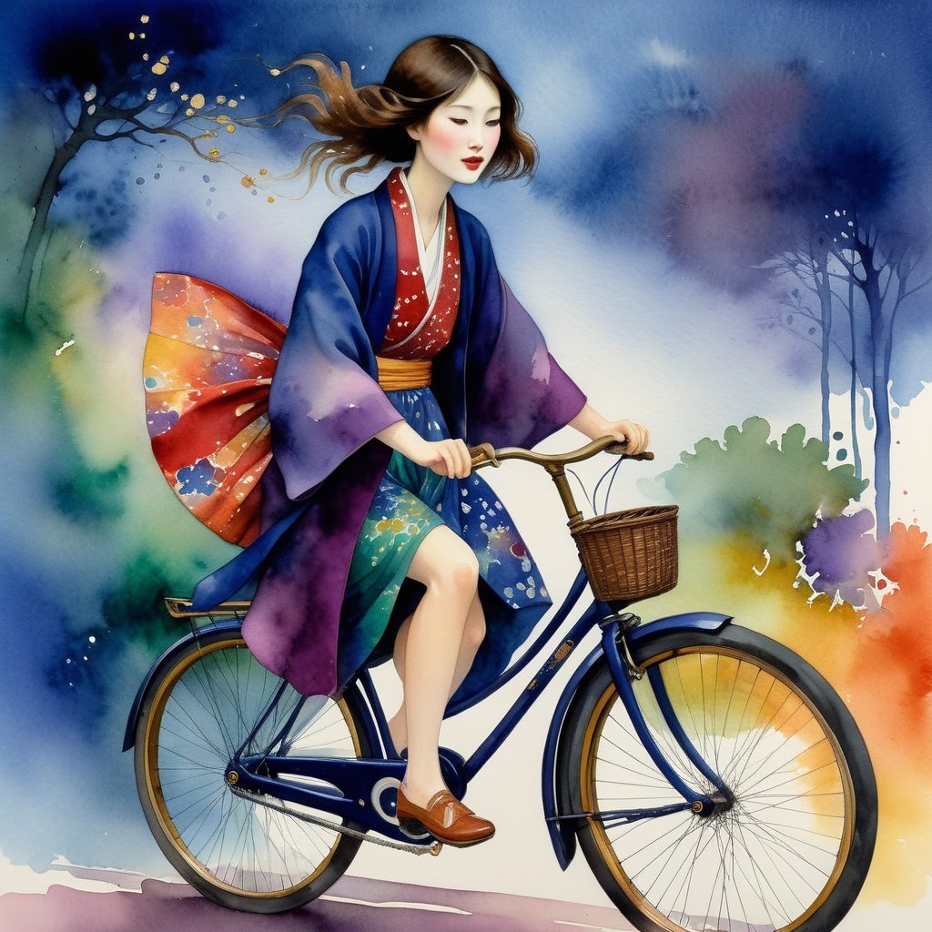 Young woman in colorful kimono riding blue bicycle