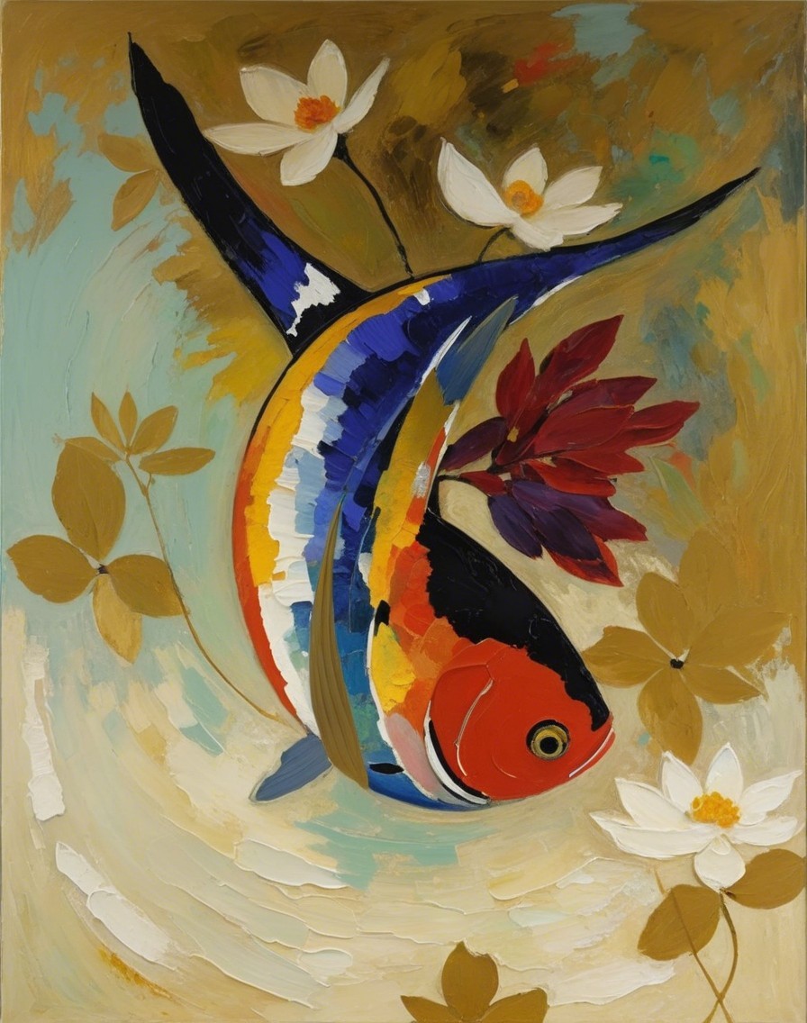 Abstract Painting of a Vibrant Fish and Water Lilies
