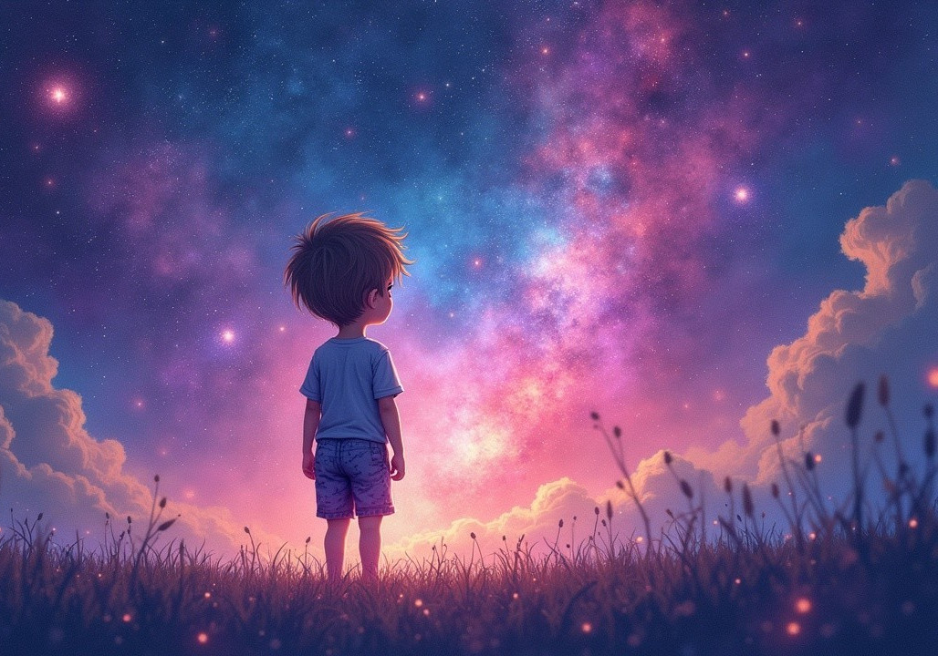 Young boy in grassy field under vibrant cosmic sky