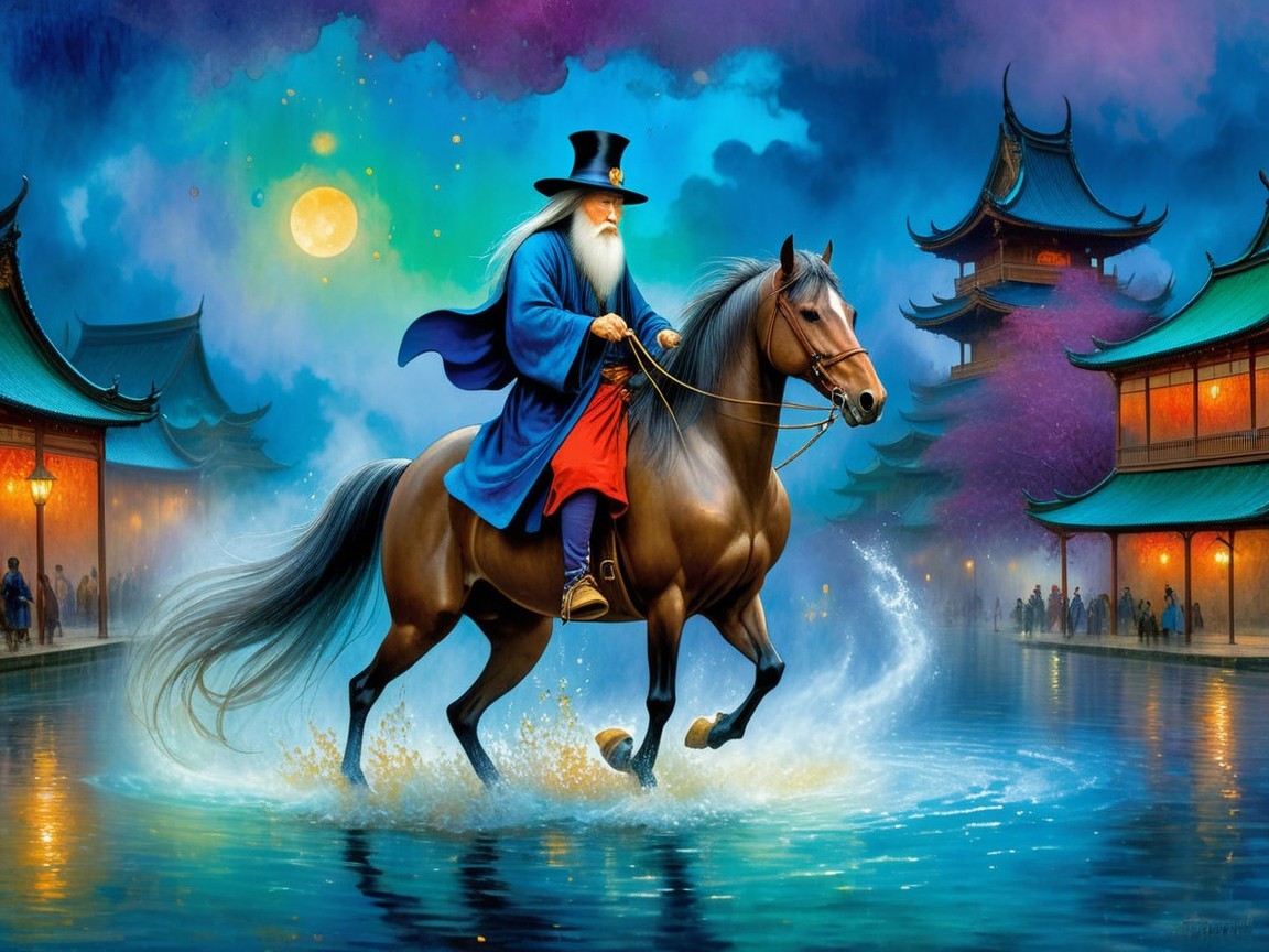 Majestic Wizard Riding Horse in Tranquil Waterway