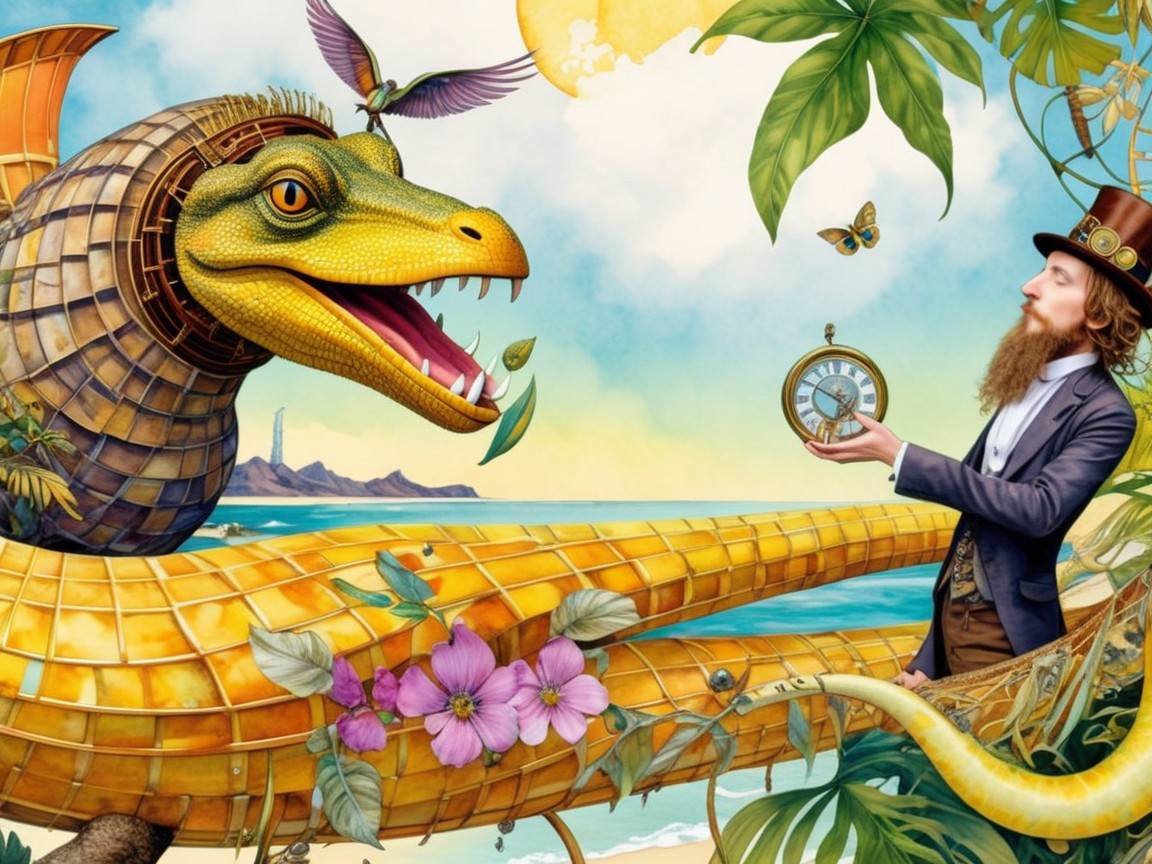 Whimsical Dinosaur Creature with Clockwork Motif at Beach