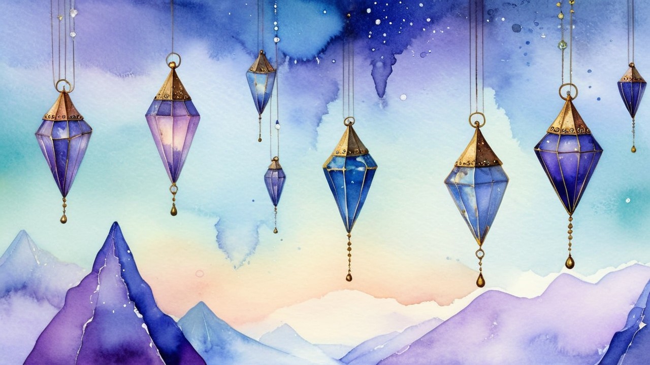 Watercolor Landscape with Lanterns and Pastel Mountains