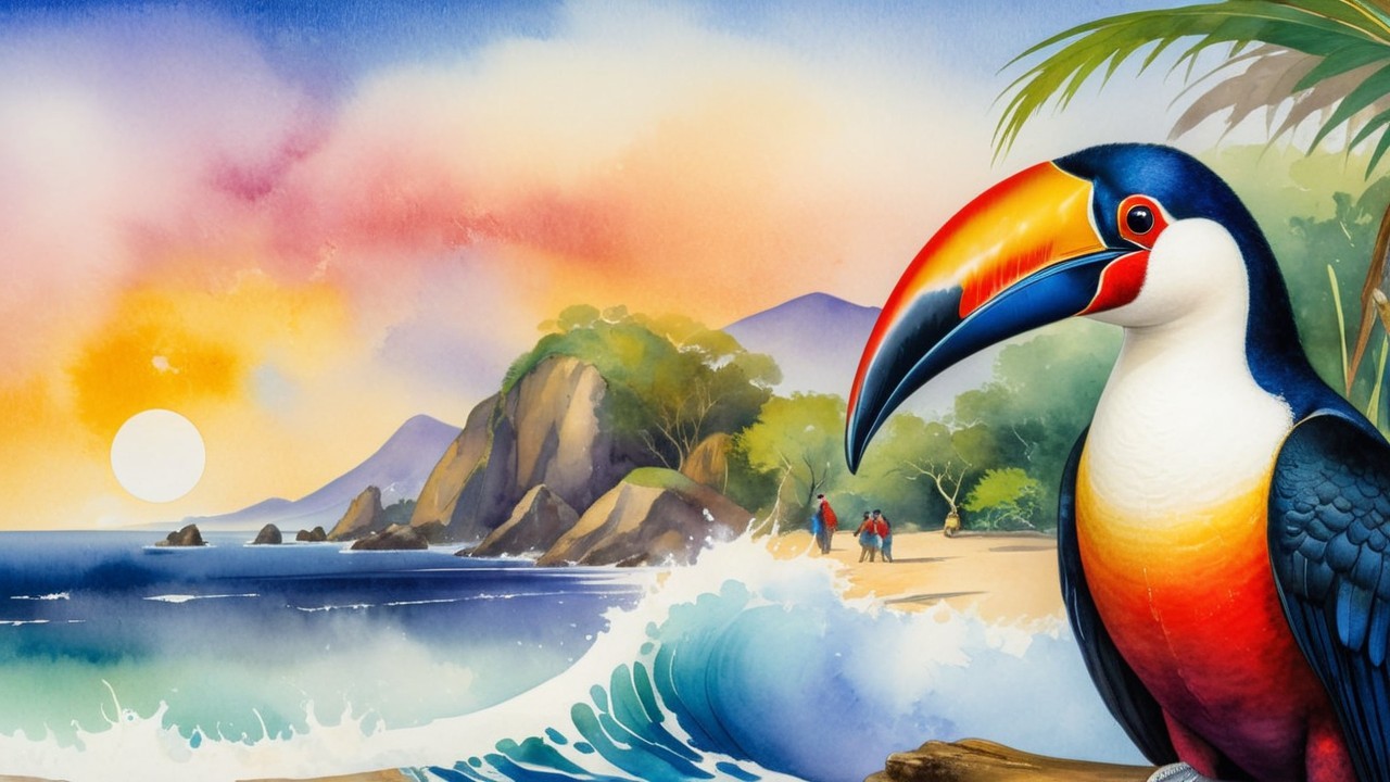 Tropical Scene with Toucan and Serene Sunset