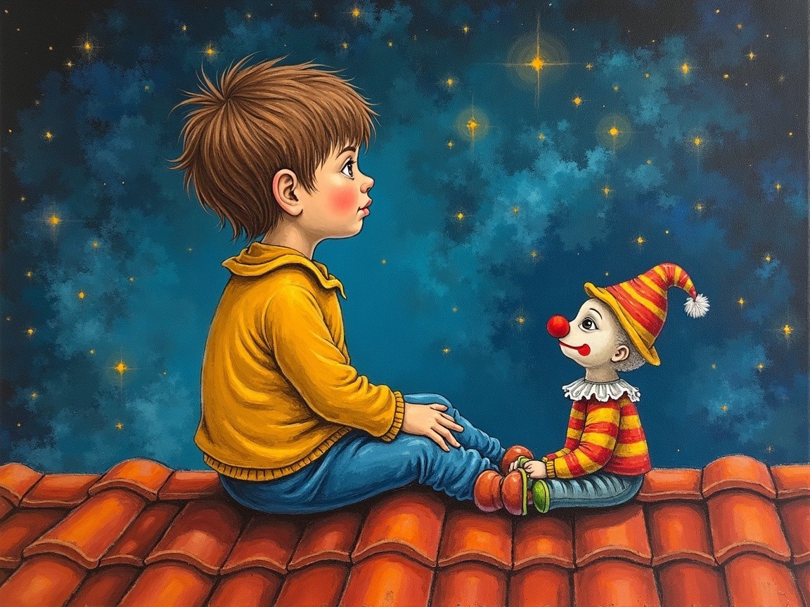 Boy in yellow sweater gazes at clown doll at twilight