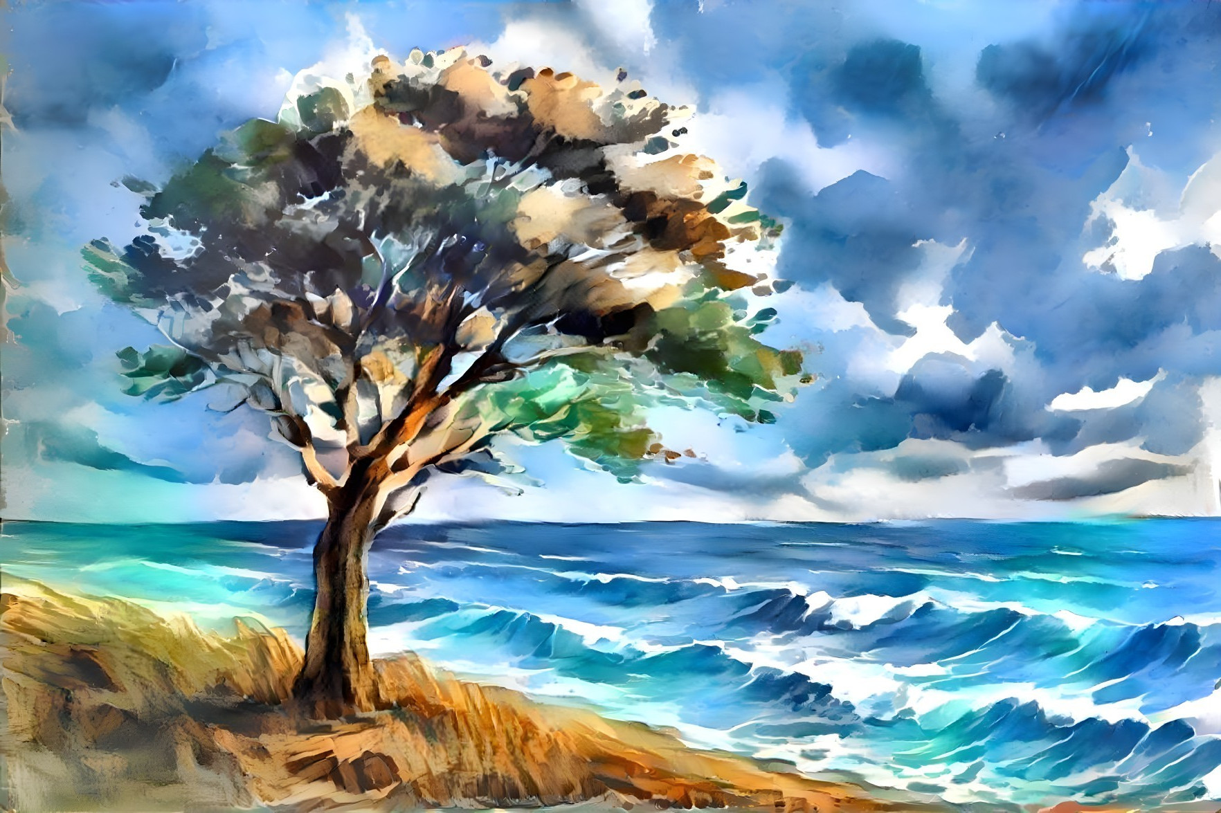 Vibrant Coastal Landscape with Solitary Tree and Ocean