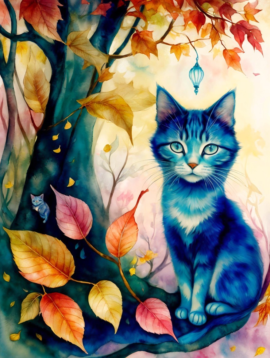 Colorful Illustration of Blue Cat in Autumn Leaves